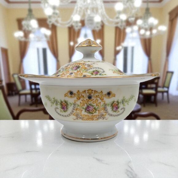 P. B. Charm Footed Sugar Bowl Japan Floral Scroll Gold Green Trim 1950 -1960s - Picture 1 of 9